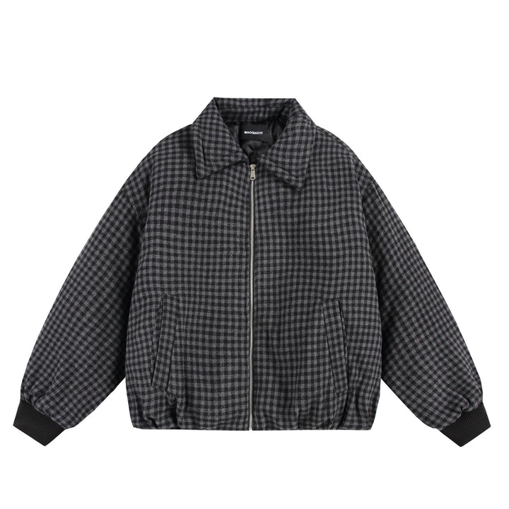 Unisex Boxy-Check Quilted Jacket with Zipper and Elastic Hem Mune Fashion