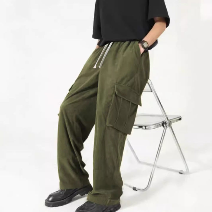 Men's loose wide corduroy cargo pants with drawstring waistband and large flap pockets Mune Fashion