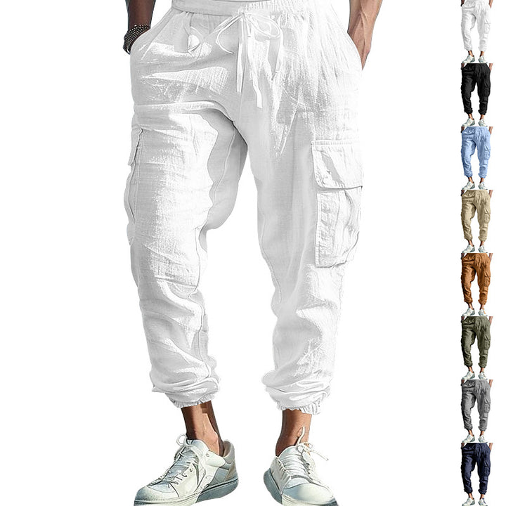Men's Casual Linen Cargo Joggers with Drawstring Waist, Large Flap Pockets and Elastic Ankle Cuffs Mune Fashion