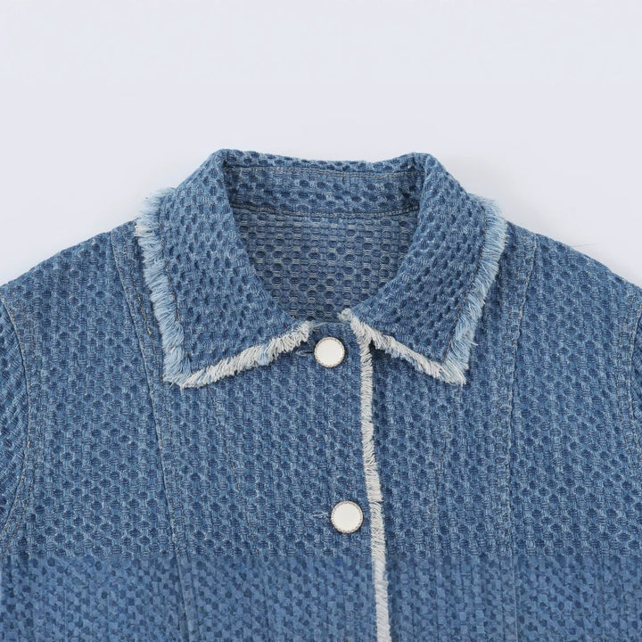 Ladies Cropped Boxy Denim Jacket with Waffle Texture, Patch Pockets and Fringe Trim Mune Fashion