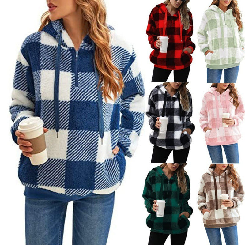 Women's Oversized Sherpa Hoodie in Check Pattern with Half Zipper and Kangaroo Pocket Mune Fashion