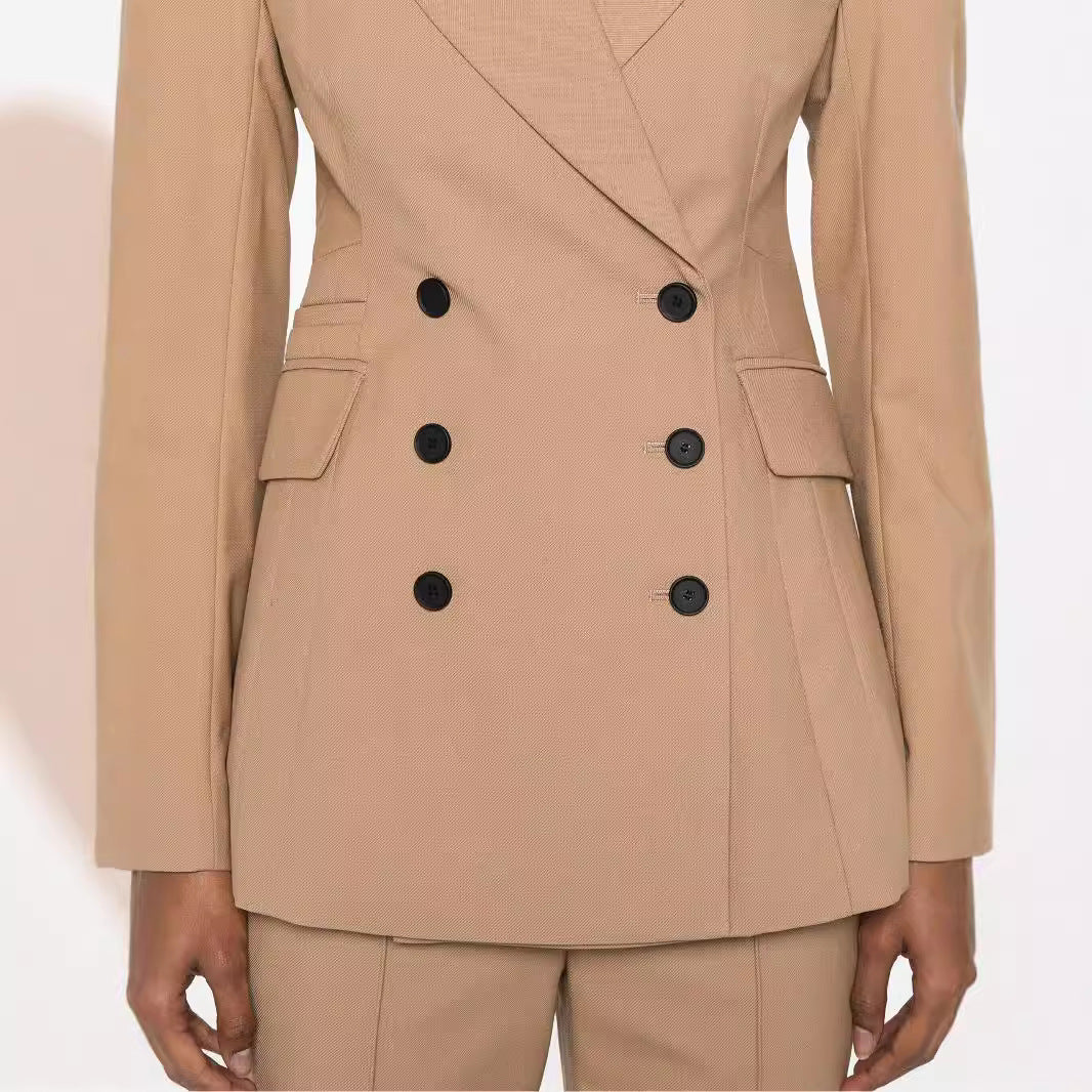 Women Two-Piece Tailored Double-Breasted Blazer Trousers Suit with Flared Palazzo Pants Mune Fashion