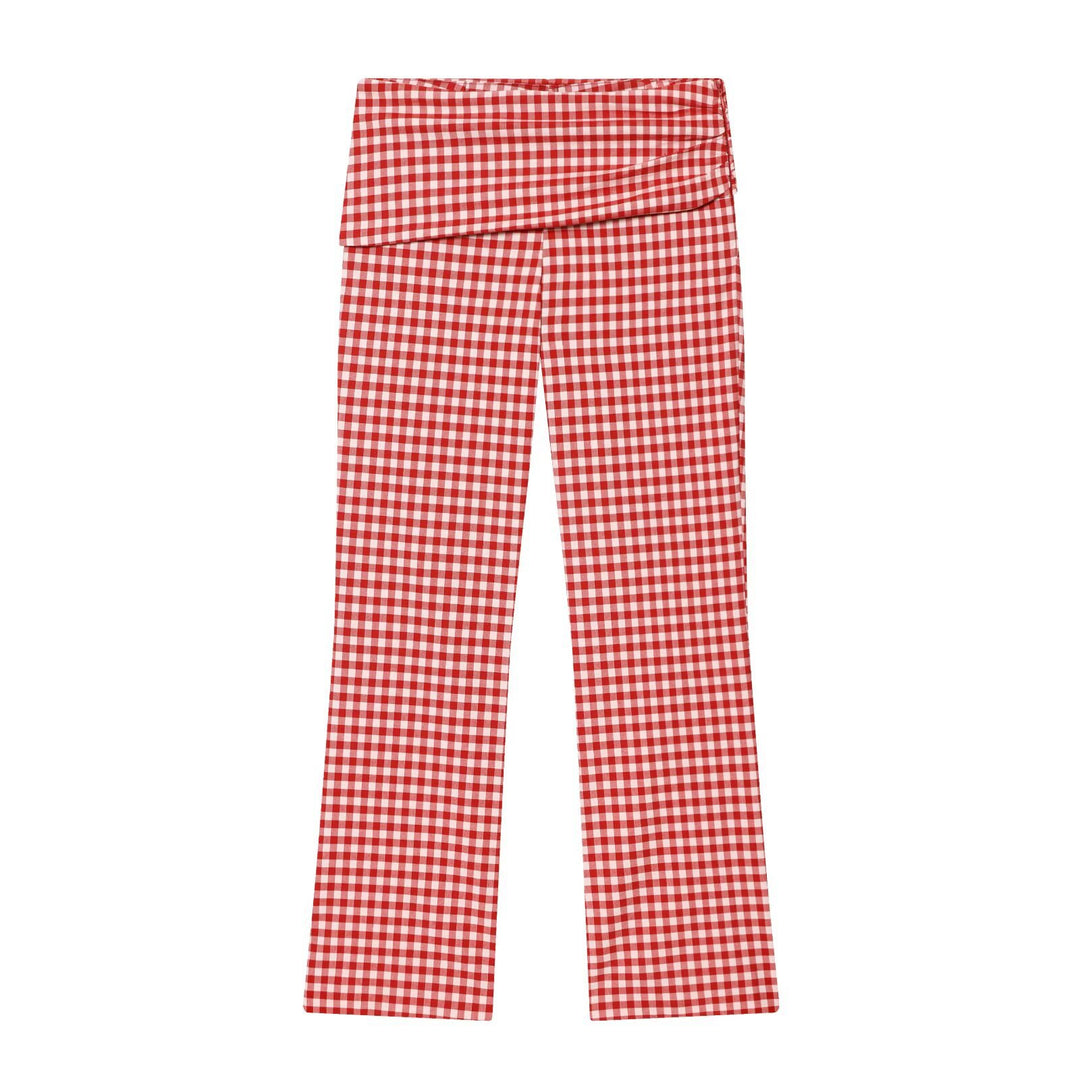 Women's Highwaist Checked Pants with Cuffed Waistband and Wide Leg Mune Fashion