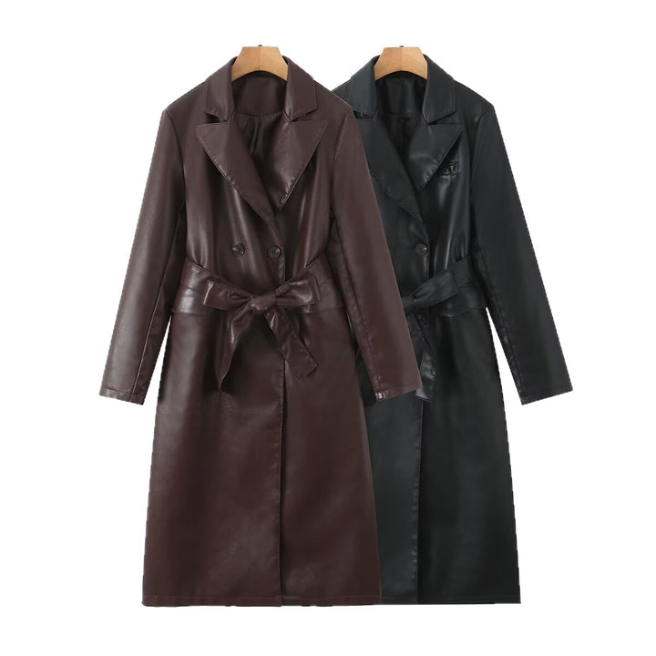 Women's Longline Faux Leather Trench Coat with Double-Breasted Button Placket and Waist Belt Mune Fashion