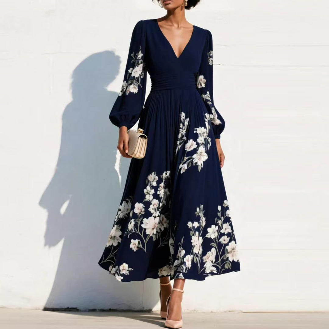 Women Chiffon Midi Dress with V-neck, gathered waist and floral pleated skirt Mune Fashion