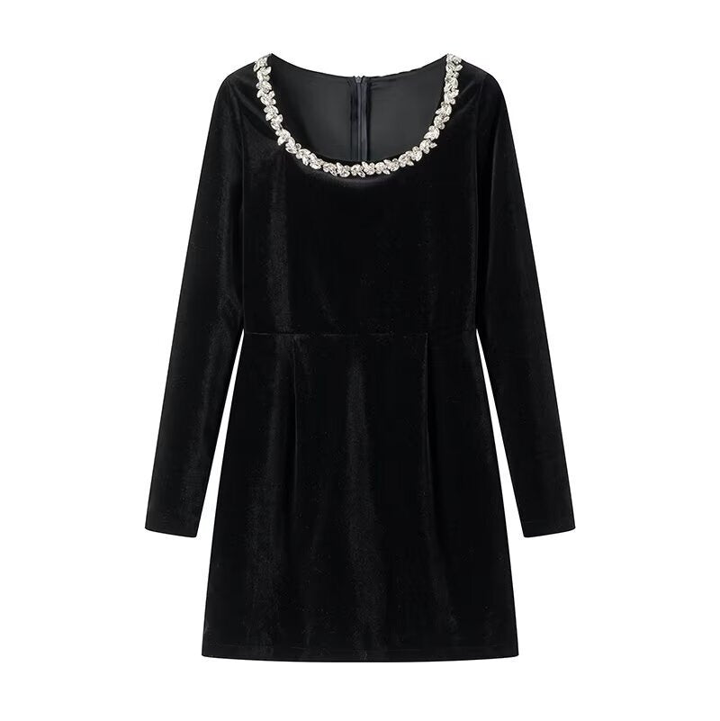 Women’s velvet dress with tailored corset, square neckline, and floral trim Mune Fashion