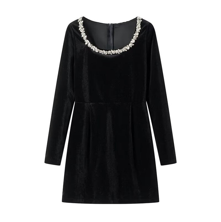 Women’s velvet dress with tailored corset, square neckline, and floral trim Mune Fashion