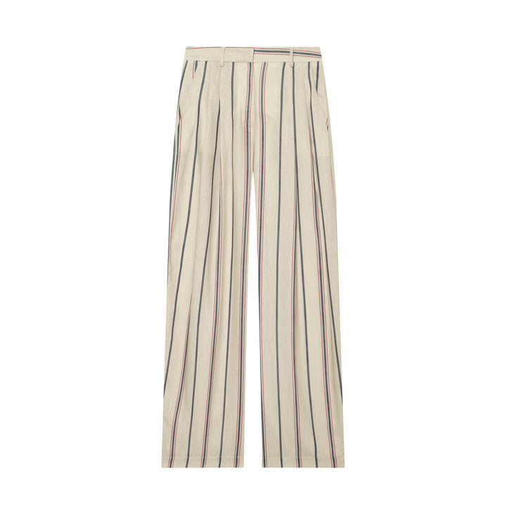 Women's loose linen trousers with pleats, high waistband and vertical stripes Mune Fashion