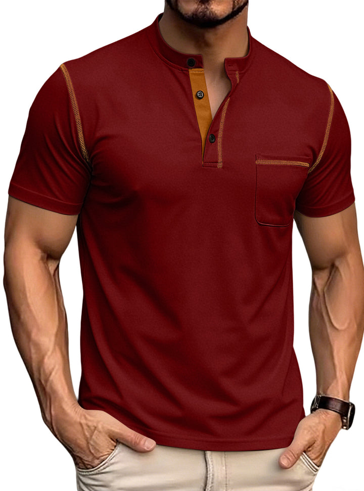 Men's short-sleeved polo shirt with stand-up collar button placket chest pocket made of elastic cotton blend Mune Fashion