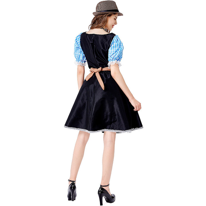 Women’s folkloric Oktoberfest costume in dirndl style with Carmen blouse, laced bodice, and embroidered apron Mune Fashion
