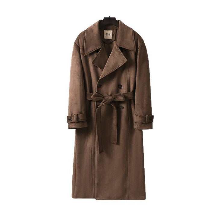 Men's Maxi Length Trench Coat in Suede Look with Double Breasted and Waist Belt Mune Fashion