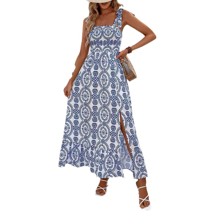 Women's maxi dress with smocked bustier, tie straps, and side leg slit Mune Fashion