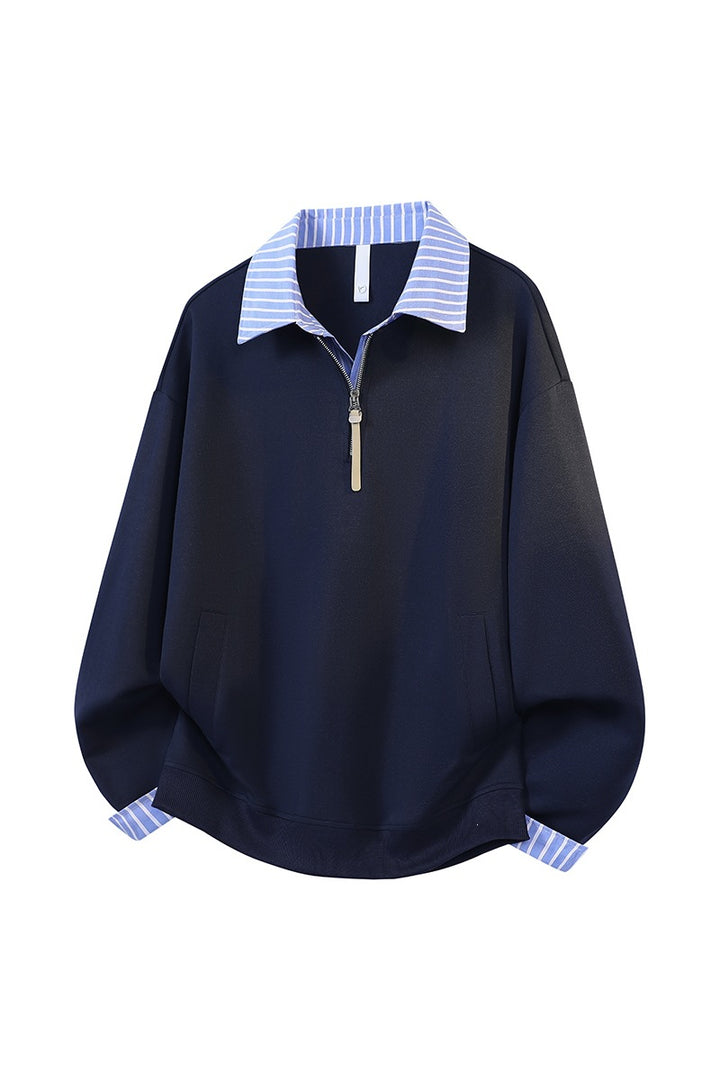 Women's Oversized Sweatshirt with Shirt Collar & Half Zip in Layered Look Mune Fashion