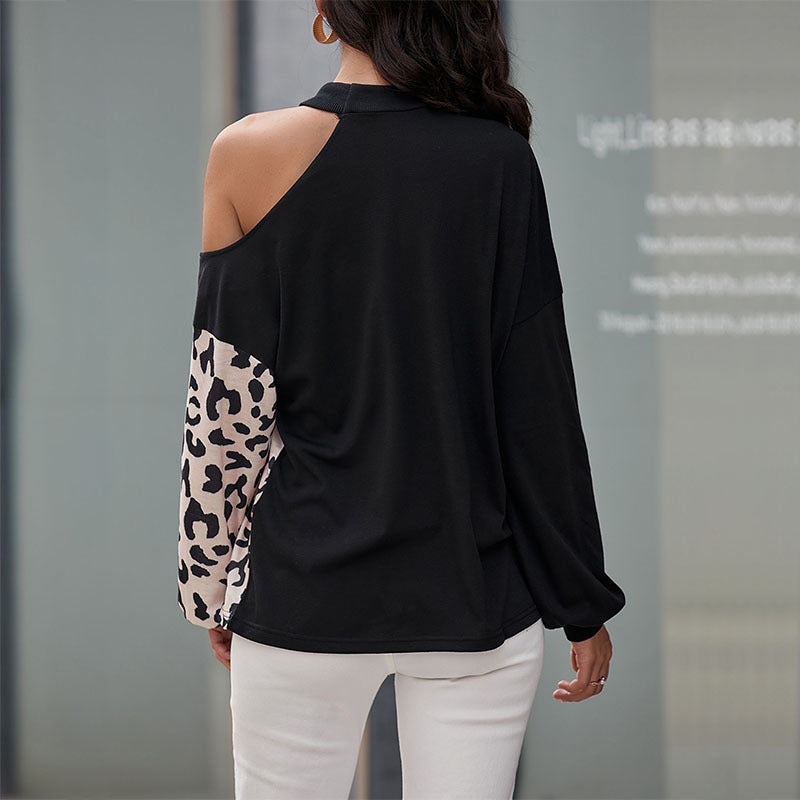 Women Off-Shoulder Sweatshirt with Leopard Panel and Stand Collar Mune Fashion