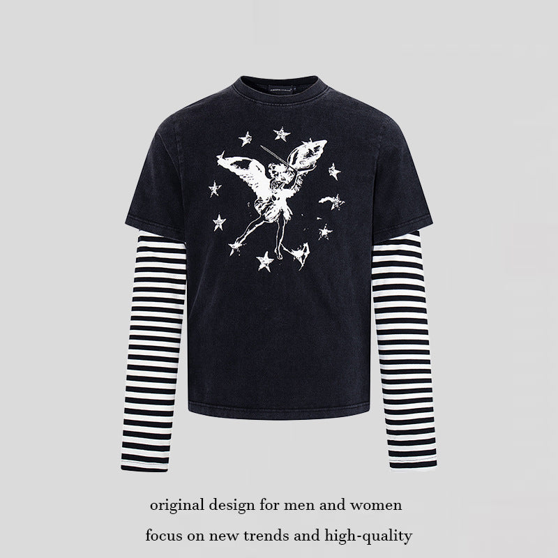 Women's Layered Long Sleeve Shirt with Striped Under Sleeves and Vintage Angel Print Mune Fashion