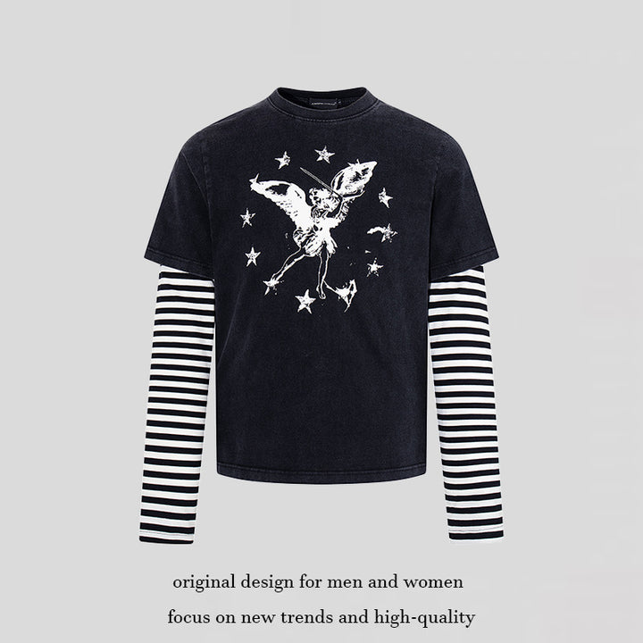 Women's Layered Long Sleeve Shirt with Striped Under Sleeves and Vintage Angel Print Mune Fashion