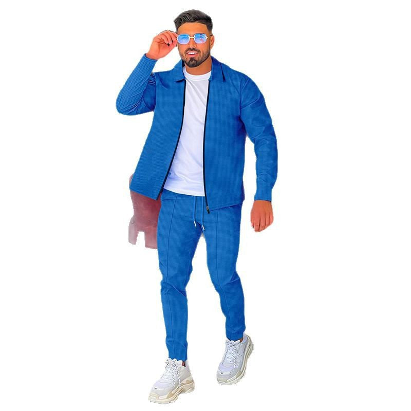 Men's waffle texture half-zip lounge set with kent collar, long sleeve and tapered joggers Mune Fashion