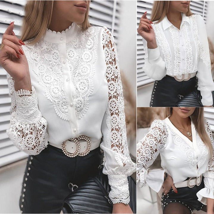 Ladies Elegant Shirt Blouse with Lace Inserts, Classic Collar and Cuffs Mune Fashion
