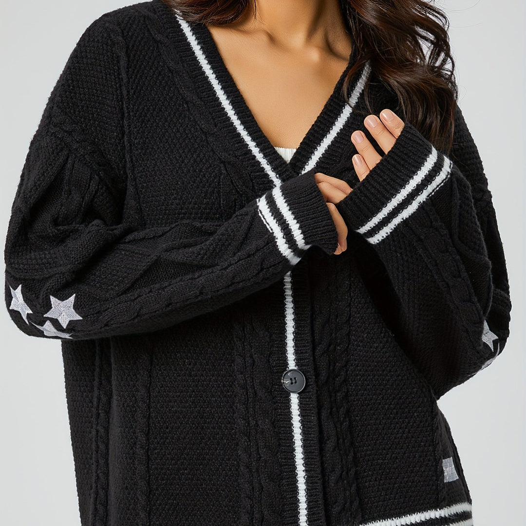 Women's oversized cable-knit cardigan with V-neck and contrasting knit edges Mune Fashion