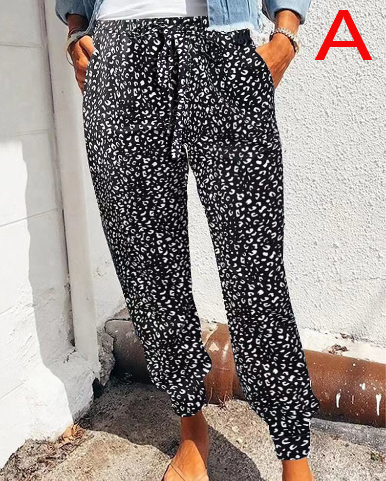 Ladies casual leopard print jogging pants with drawstring, side pockets, and elastic cuffs Mune Fashion