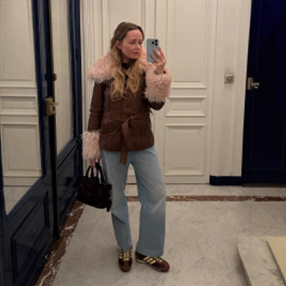 Women tailored leather imitation jacket with tie belt, opulent removable faux fur shawl collar and fur cuffs Mune Fashion