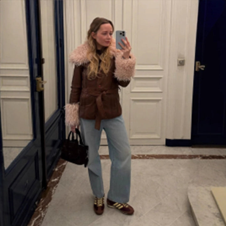 Women tailored leather imitation jacket with tie belt, opulent removable faux fur shawl collar and fur cuffs Mune Fashion