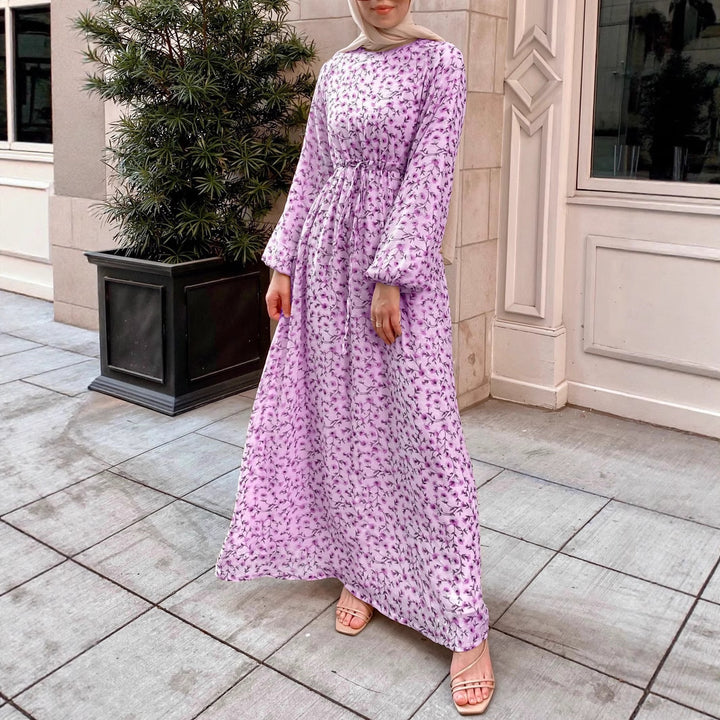 Women Floral Maxi Dress with Drawstring Waist and Balloon Sleeves Drune