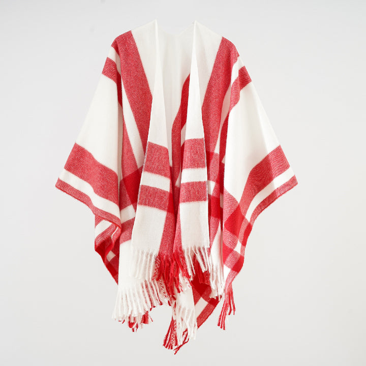 Ladies Soft-Falling Cape Poncho made of Wool Blend with Block Check and Fringe Hem Mune Fashion