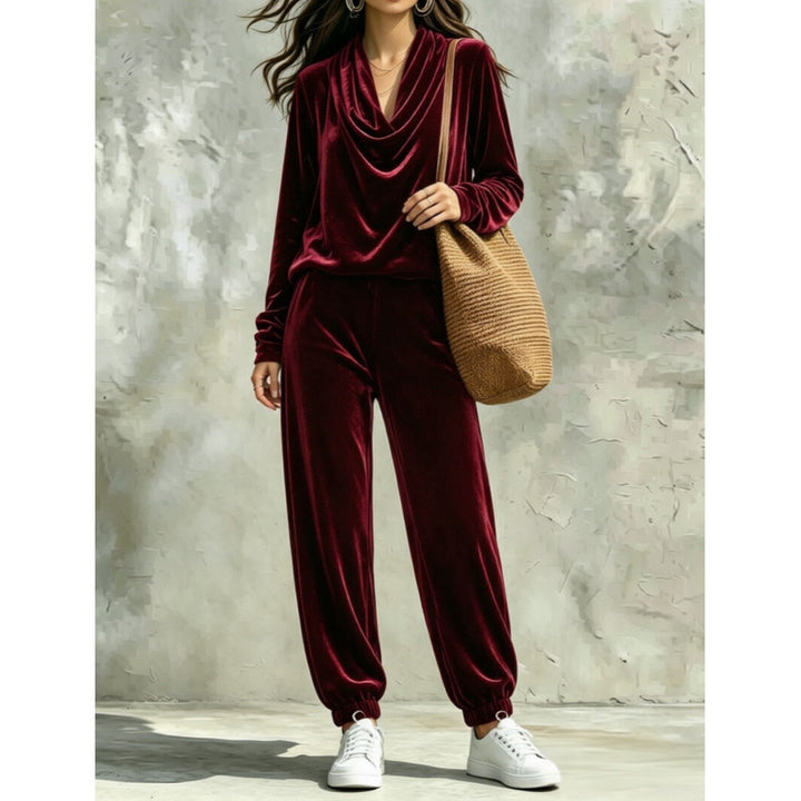 Women's Velvet Lounge Set with Waterfall Collar and Jogger Pants Mune Fashion