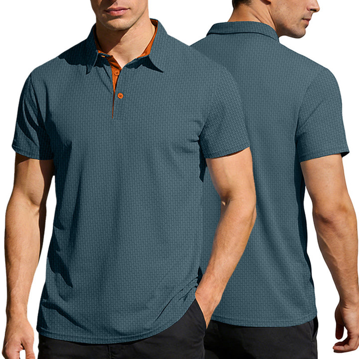 Men's finely textured polo shirt with shirt collar, contrast inner placket, and side slits Mune Fashion