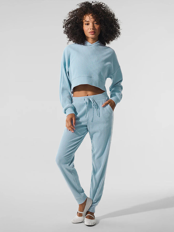 Women Ribbed High-Waist Lounge Pants with Drawstring and Cuffs Mune Fashion