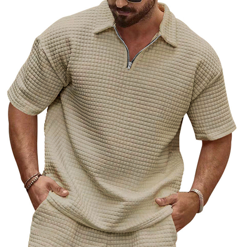 Men's polo collar ensemble with quilted box pattern, short front zipper and loose fit Mune Fashion