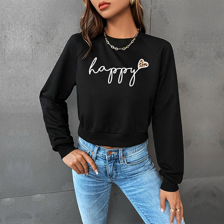 Women's cropped sweatshirt with script print, heart appliqué, and raglan sleeves Mune Fashion