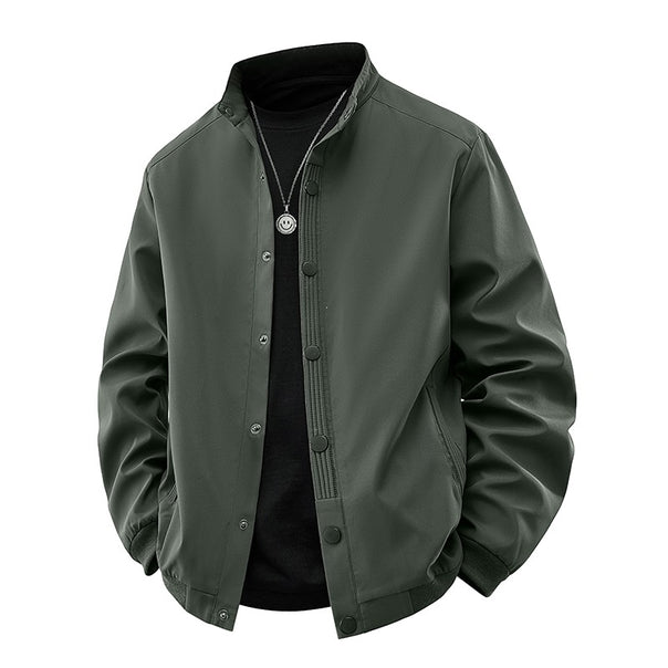 Men's Clean-Cut Stand Collar Bomber Jacket made of windproof material with snap button placket Mune Fashion