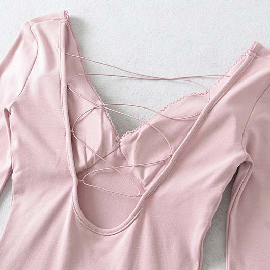 Women's Figure-Hugging Long Sleeve Top with Deep V-Neck, Crossed Spaghetti Straps and Lace Edge