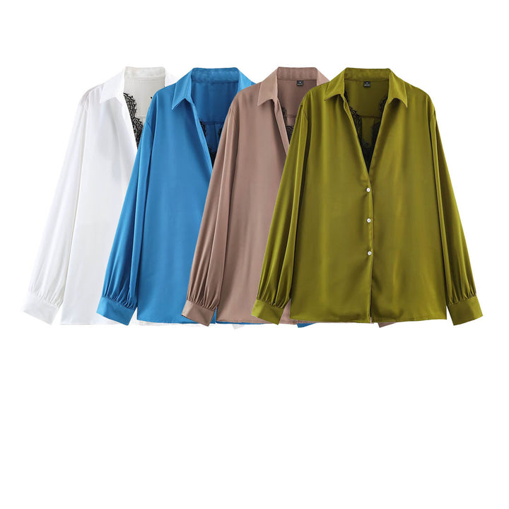 Women's Silky Oversized Blouse with Lace Insert and Shirt Collar Mune Fashion