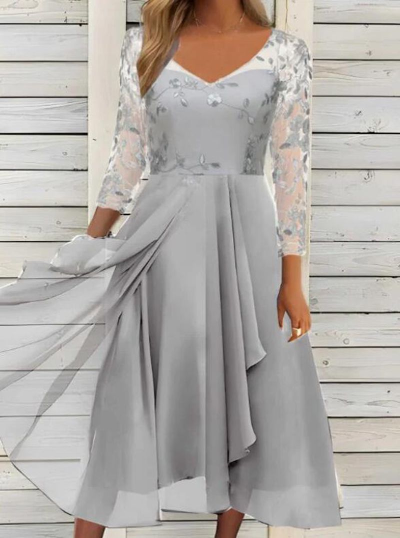 Women's V-neck chiffon midi dress with embroidered bodice, transparent three-quarter sleeves, and asymmetric layered skirt Mune Fashion