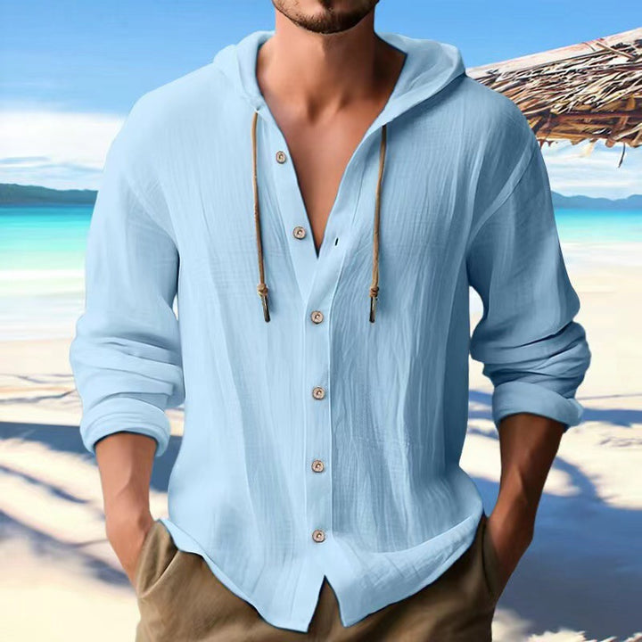 Men's lightweight hoodie shirt in linen look with full button placket Mune Fashion