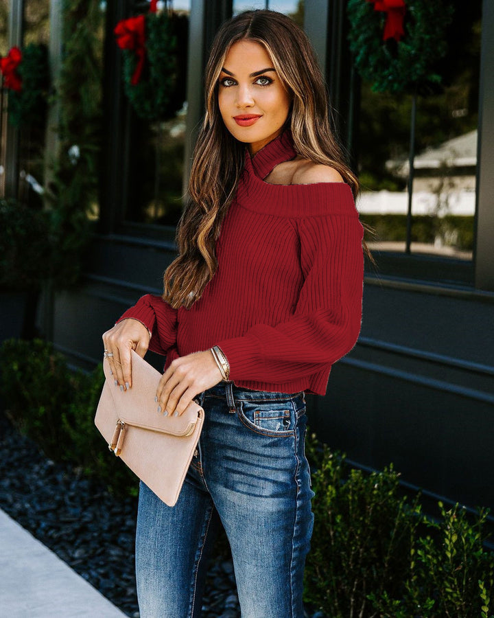 Women's Ribbed Cropped Knit Sweater with High Collar and Shoulder Cutout Mune Fashion