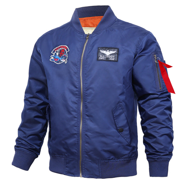 Men's  retro pilot-inspired flight jacket with embroidered crest, sleeve zipper utility pocket and contrast quilted lining Mune Fashion