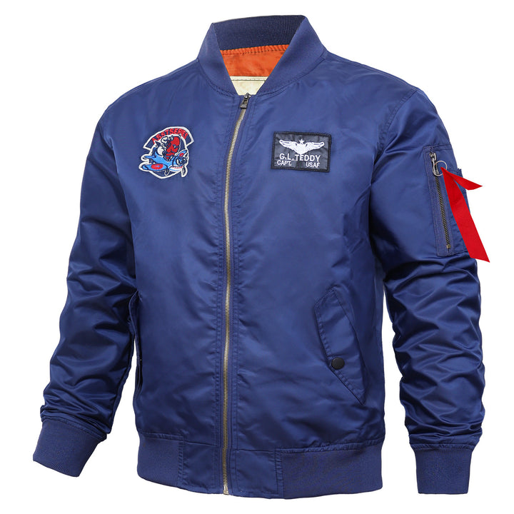 Men's  retro pilot-inspired flight jacket with embroidered crest, sleeve zipper utility pocket and contrast quilted lining Mune Fashion