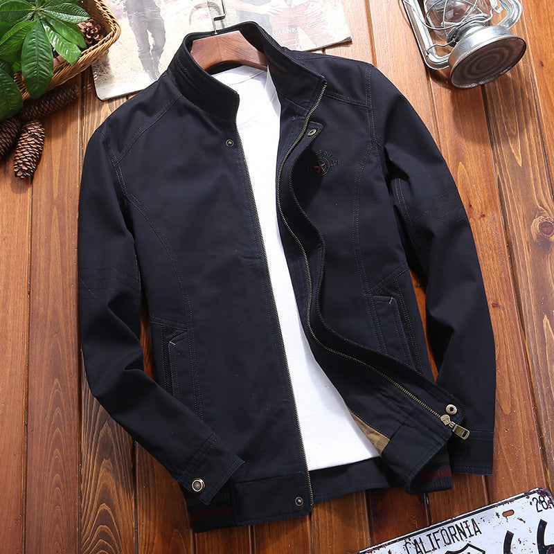 Men's Canvas Field Jacket with Stand Collar, Zipper and Striped Ribbed Cuff Mune Fashion