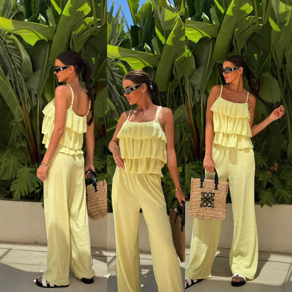 Women Pleated Ruffle Cropped Top with Spaghetti Straps and Wide High-Waist Pants Set Mune Fashion
