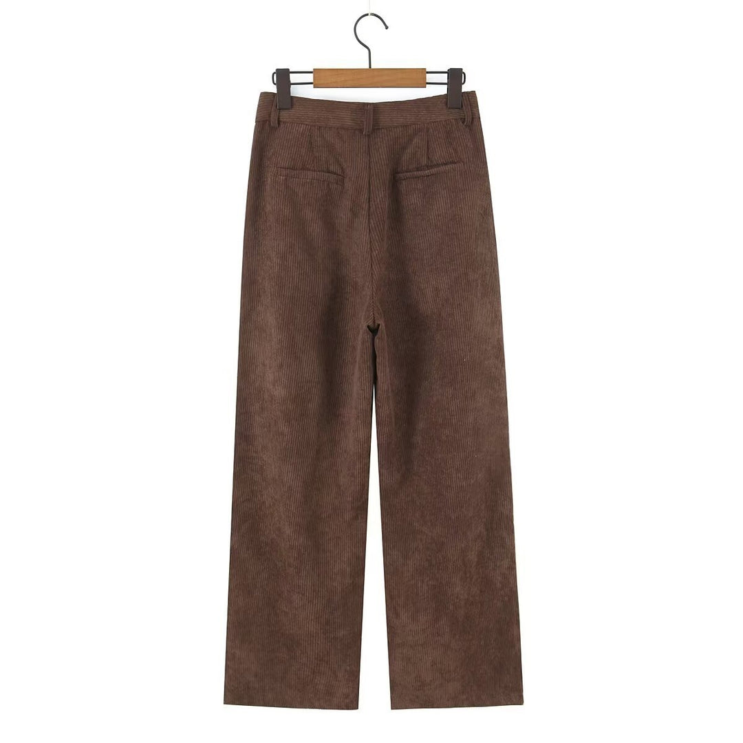 Women High-Waisted Cord Pants with Wide Leg and Pleats Mune Fashion