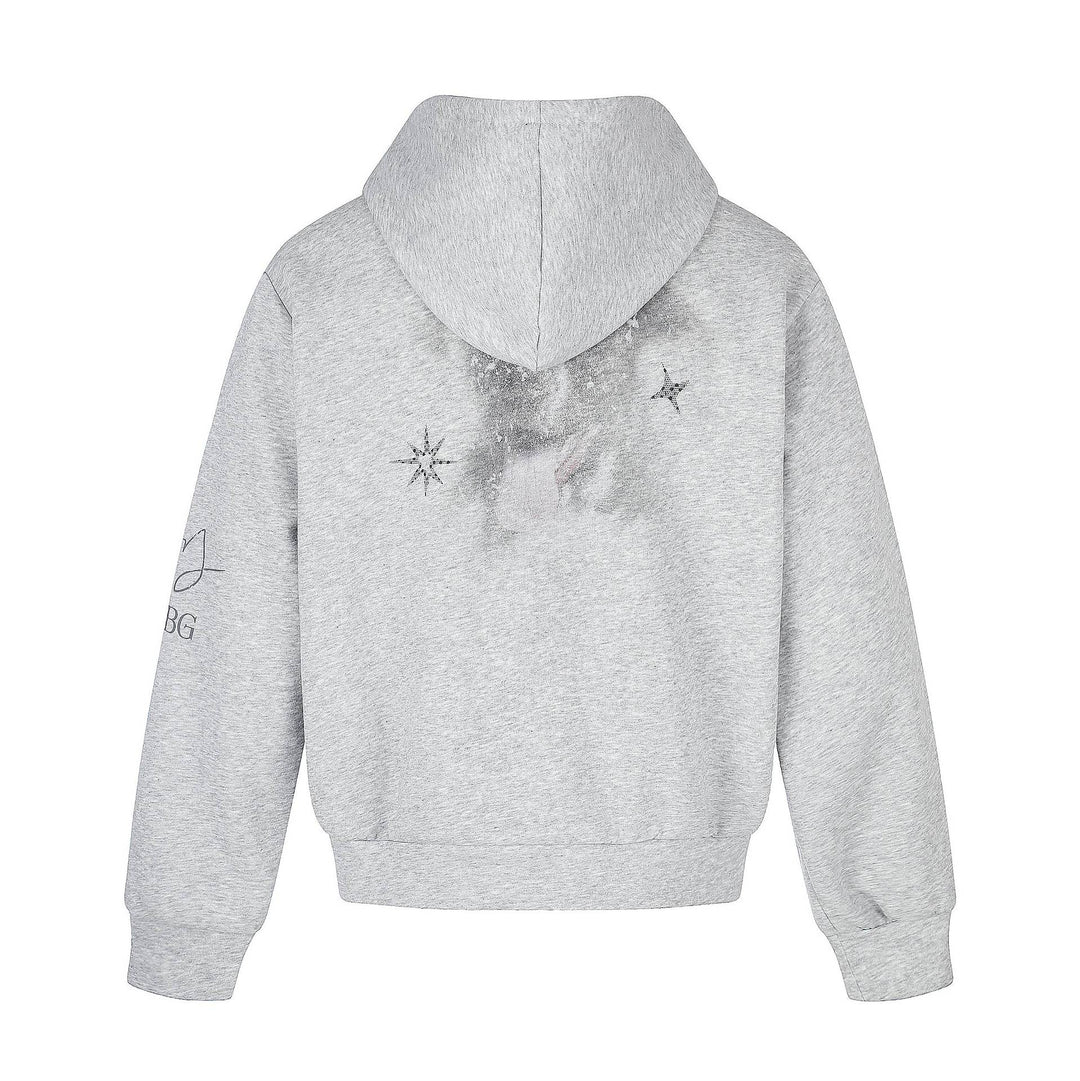 Unisex Short Cut Hooded Zip Jacket with Graphic Dog Print and Ribbed Hem Mune Fashion