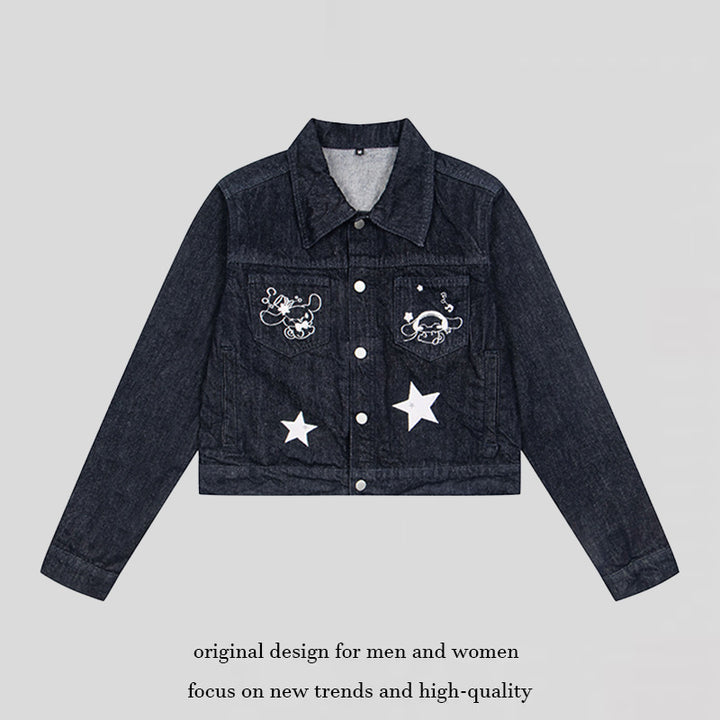 Women Short Cropped Denim Jacket with Star Applications and Cartoon Embroideries Mune Fashion