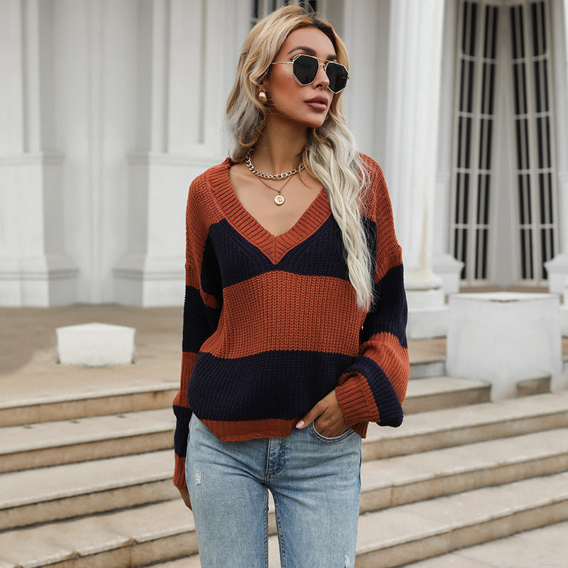 Women's Oversize Chunky Knit Sweater with Off-Shoulder Fall, Wide Block Stripes and Ribbed Hem Mune Fashion