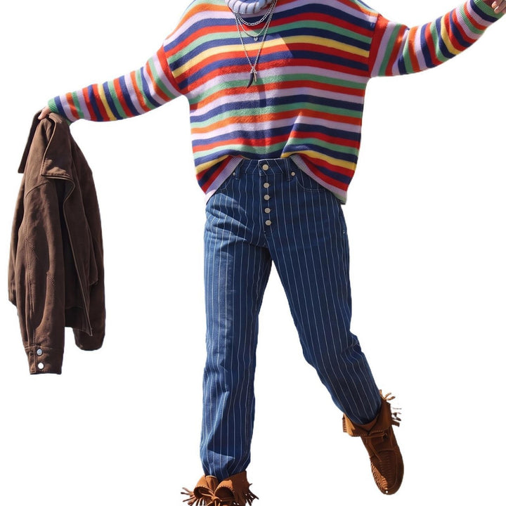 Women Striped Knitted Sweater with Polo Collar & Button Placket Mune Fashion