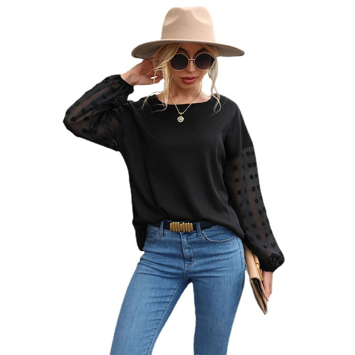 Ladies fine knit sweater with transparent chiffon sleeves and dot applications Mune Fashion