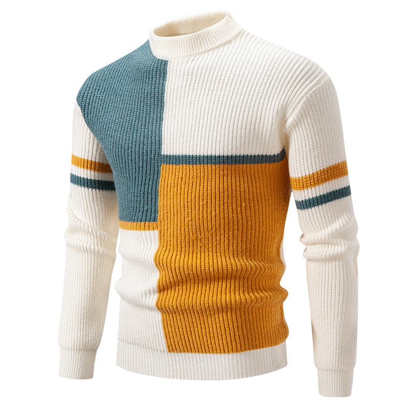 Men's chunky knit sweater with stand-up collar and contrasting block stripe pattern Mune Fashion